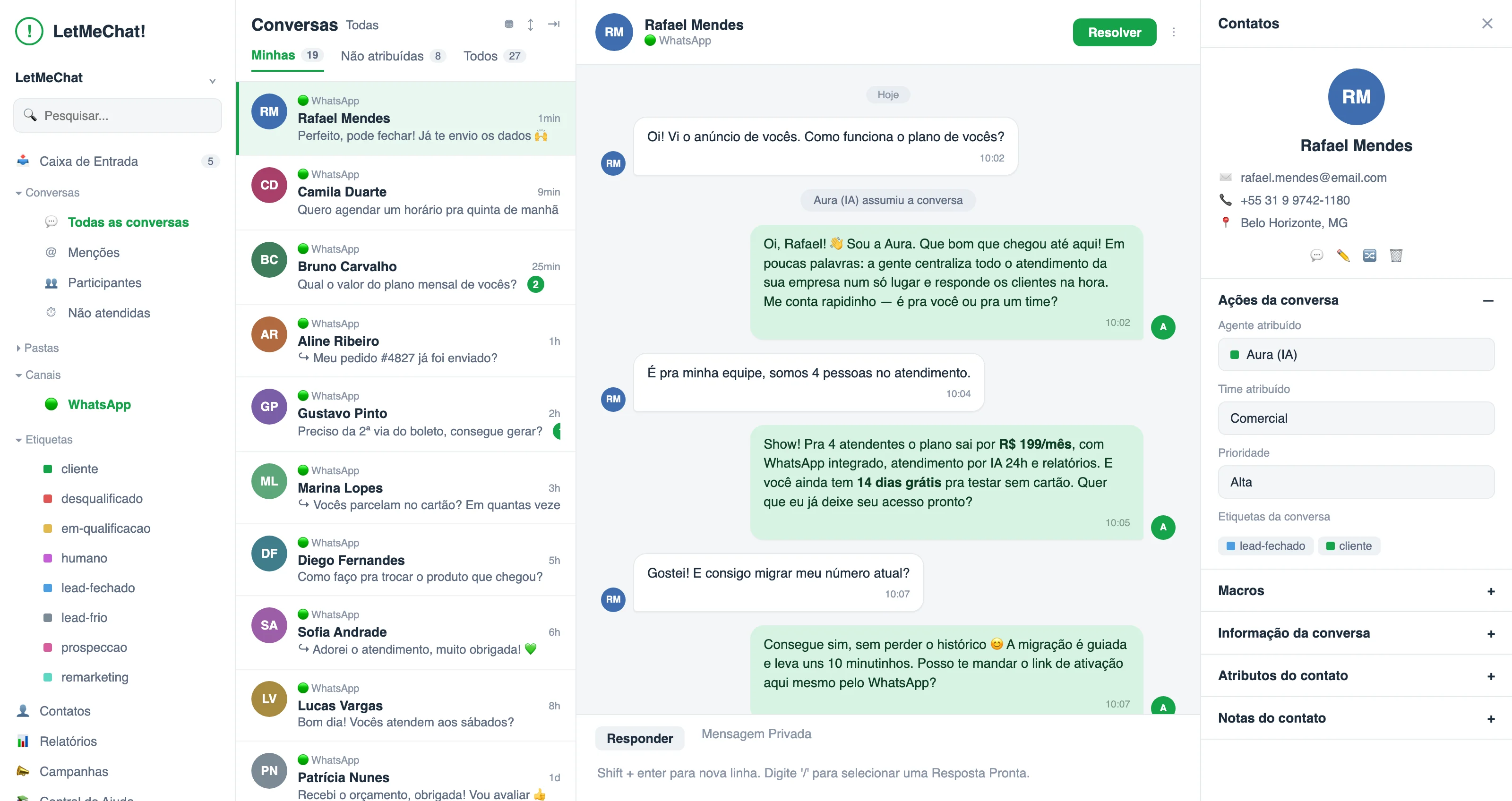 LetMeChat inbox with WhatsApp, Instagram and website conversations