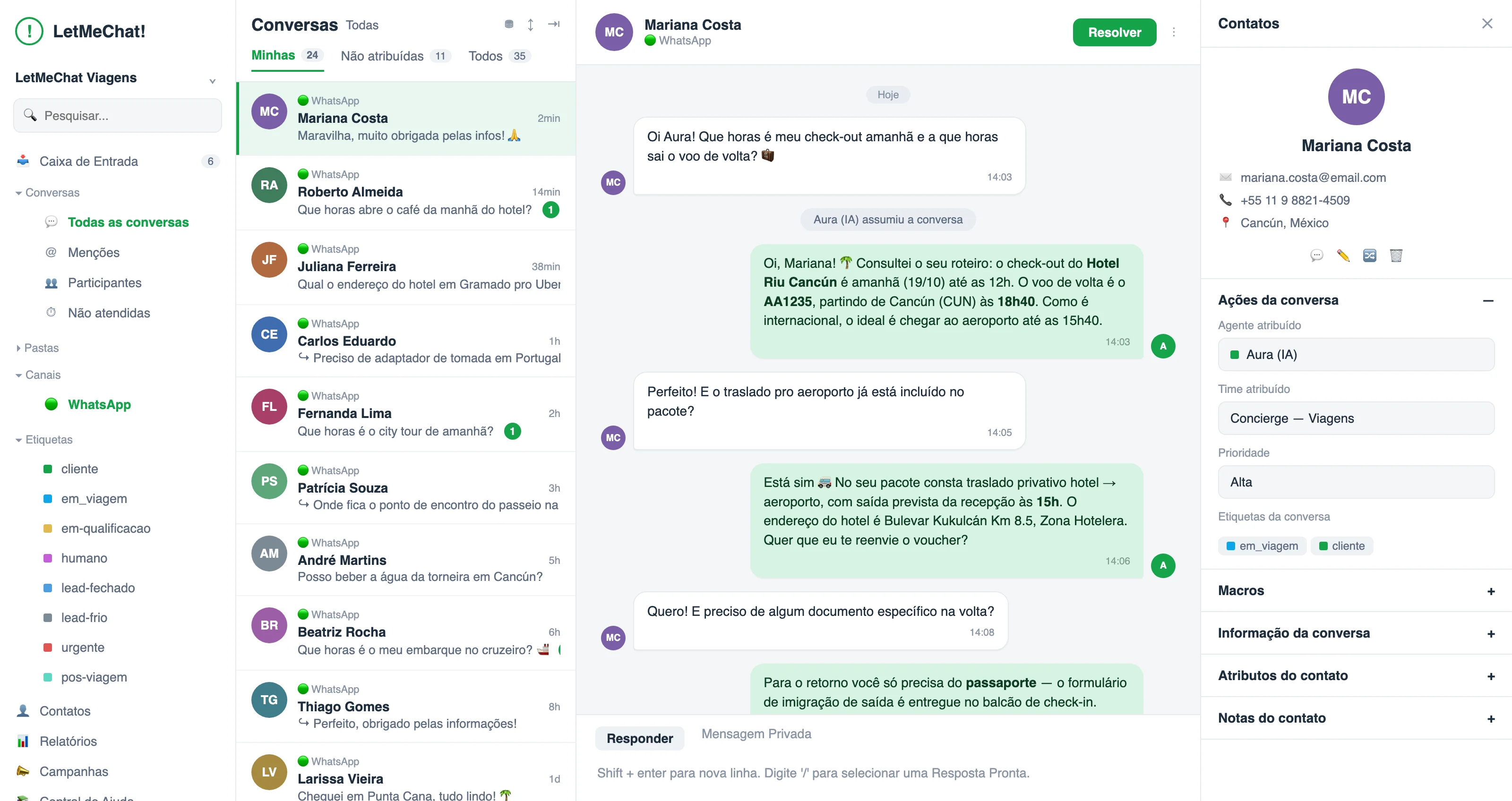 LetMeChat Travel dashboard: the AI answering a traveler's questions during the trip on WhatsApp